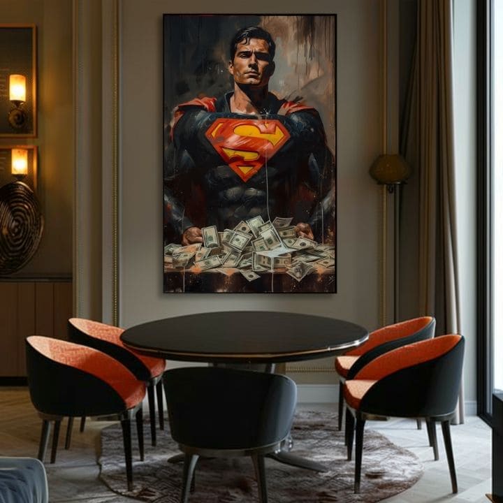 Ručno slikan slika na platnu s motivom Superman: Muž peňazí u crveno-žutih nijansama, snaga i moć | Slika Superman: Muž peňazí – proizvod, pogled 5