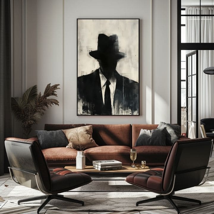 Ručno slikan slika na platnu s motivom The Faceless Mobster u crno-belih nijansama, tajanstvena atmosfera, tajna i gradski život | Slika The Faceless Mobster – proizvod, pogled 2