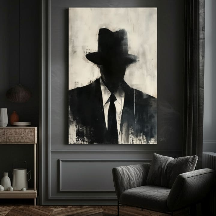Ručno slikan slika na platnu s motivom The Faceless Mobster u crno-belih nijansama, tajanstvena atmosfera, tajna i gradski život | Slika The Faceless Mobster – proizvod, pogled 4