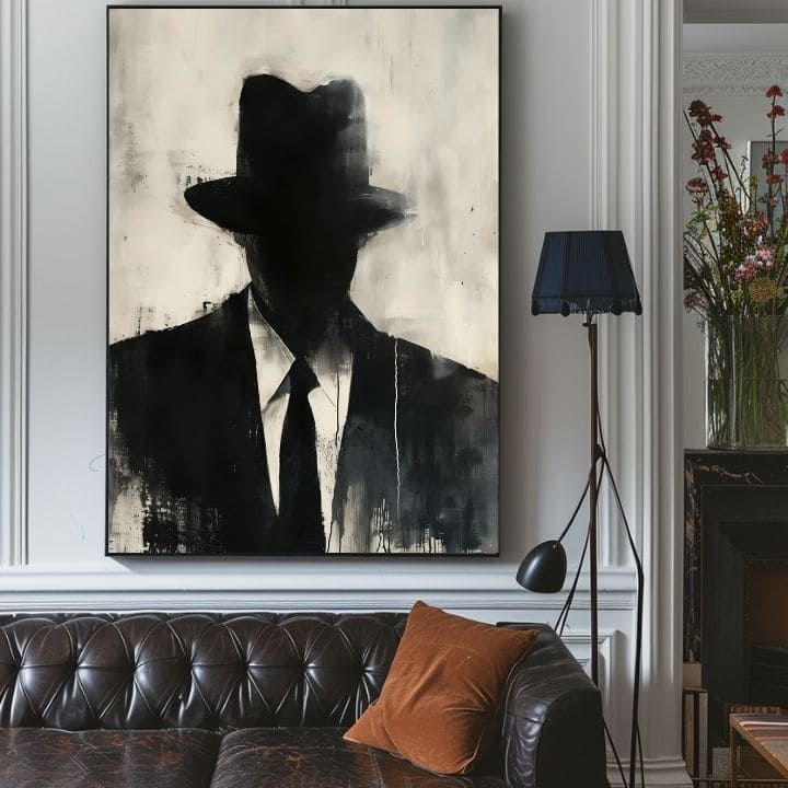 Ručno slikan slika na platnu s motivom The Faceless Mobster u crno-belih nijansama, tajanstvena atmosfera, tajna i gradski život | Slika The Faceless Mobster – proizvod
