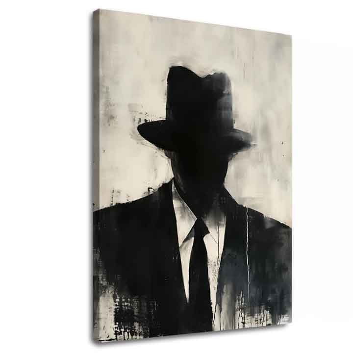 Ručno slikan slika na platnu s motivom The Faceless Mobster u crno-belih nijansama, tajanstvena atmosfera, tajna i gradski život | Slika The Faceless Mobster – glavna