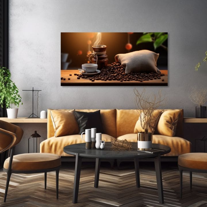 Moderan slika na platnu s motivom Abstraktná Aróma, šolja kafe, mapa u belo-bežih nijansama, ugodna atmosfera, pogodan za kuhinje | Kafa slike za kuhinje Abstraktná Aróma – proizvod