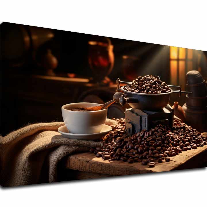Vintage slika na platnu s motivom Čaro Kávových Zrn, šolja kafe, mapa u belo-bežih nijansama, ugodna atmosfera, pogodan za kuhinje | Kafa slike za kuhinje Čaro Kávových Zrn – glavna