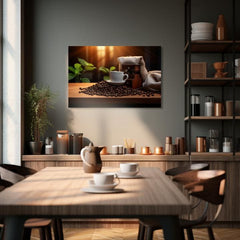 Moderan slika na platnu s motivom Elegancija Espressa, šolja kafe, mapa, priroda u belo-smeđih nijansama, ugodna atmosfera, pogodan za kuhinje – proizvod