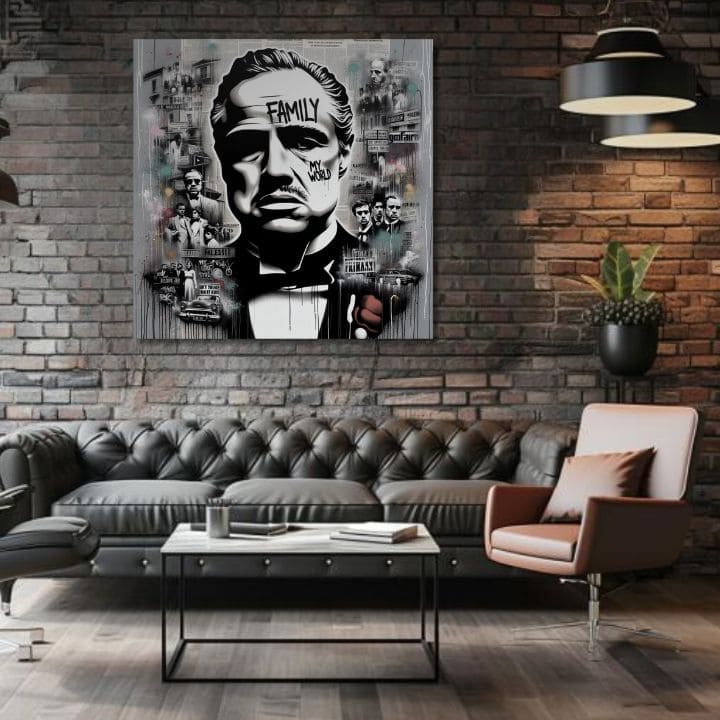 U boho stilu slika na platnu s motivom The Godfather - Mafiánsky Boss, mapa u belo-sivih nijansama, snaga i moć i filmski svet, pogodan za kancelarije – proizvod