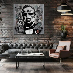 U boho stilu slika na platnu s motivom The Godfather - Mafiánsky Boss, mapa u belo-sivih nijansama, snaga i moć i filmski svet, pogodan za kancelarije – proizvod
