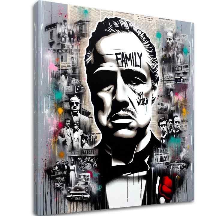 U boho stilu slika na platnu s motivom The Godfather - Mafiánsky Boss, mapa u belo-sivih nijansama, snaga i moć i filmski svet, pogodan za kancelarije – glavna