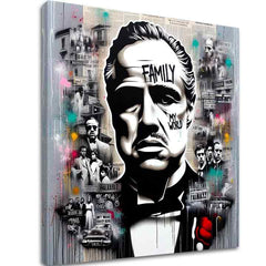 U boho stilu slika na platnu s motivom The Godfather - Mafiánsky Boss, mapa u belo-sivih nijansama, snaga i moć i filmski svet, pogodan za kancelarije – glavna