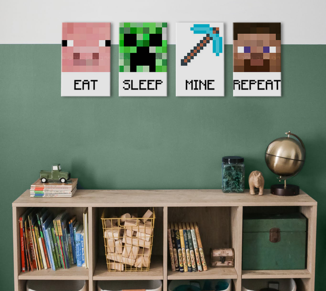 Moderan slika na platnu u zeleno-belih nijansama, razigrana atmosfera, detinjstvo | Minecraft slika - Najlepšie postavičky na platnu - Eat, Sleep, Mine, Repeat – proizvod, pogled 2