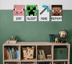 Moderan slika na platnu u zeleno-belih nijansama, razigrana atmosfera, detinjstvo | Minecraft slika - Najlepšie postavičky na platnu - Eat, Sleep, Mine, Repeat – proizvod, pogled 2