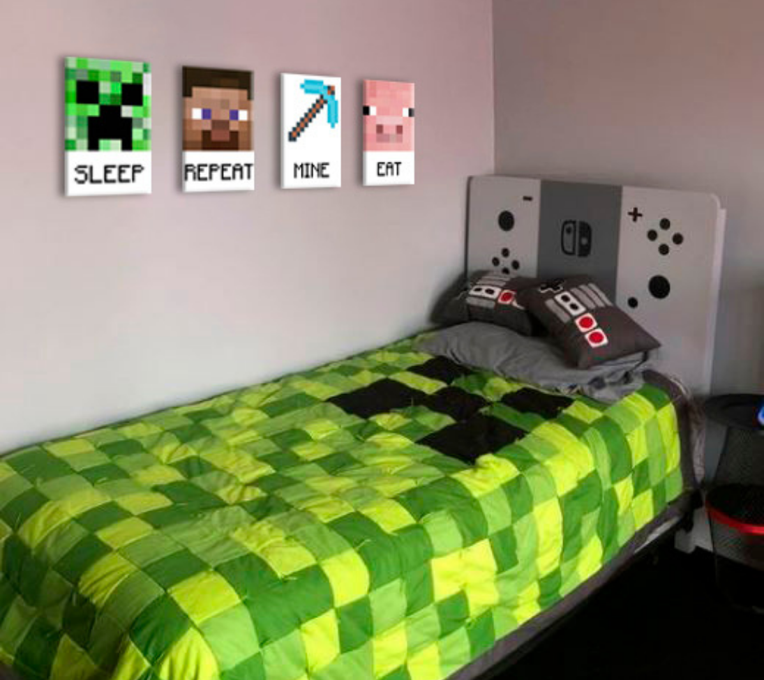 Moderan slika na platnu u zeleno-belih nijansama, razigrana atmosfera, detinjstvo | Minecraft slika - Najlepšie postavičky na platnu - Eat, Sleep, Mine, Repeat – glavna