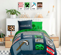 Moderan slika na platnu u zeleno-belih nijansama, razigrana atmosfera, detinjstvo | Minecraft slika - Najlepšie postavičky na platnu - Eat, Sleep, Mine, Repeat – proizvod
