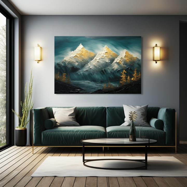 Art deko slika na platnu s motivom planine, sneg, drveće, nebo, pejzaž u plavo-zelenih nijansama, mirna atmosfera, priroda i avantura – proizvod