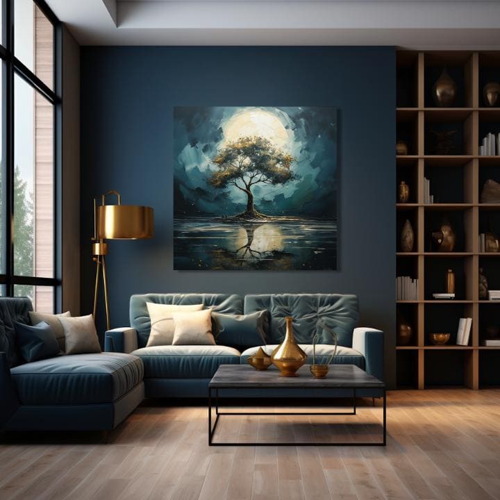 Art deko slika na platnu s motivom drvo, mesec, priroda u belo-plavih nijansama, mirna atmosfera, samoća i priroda, pogodan za dnevnog boravka – proizvod