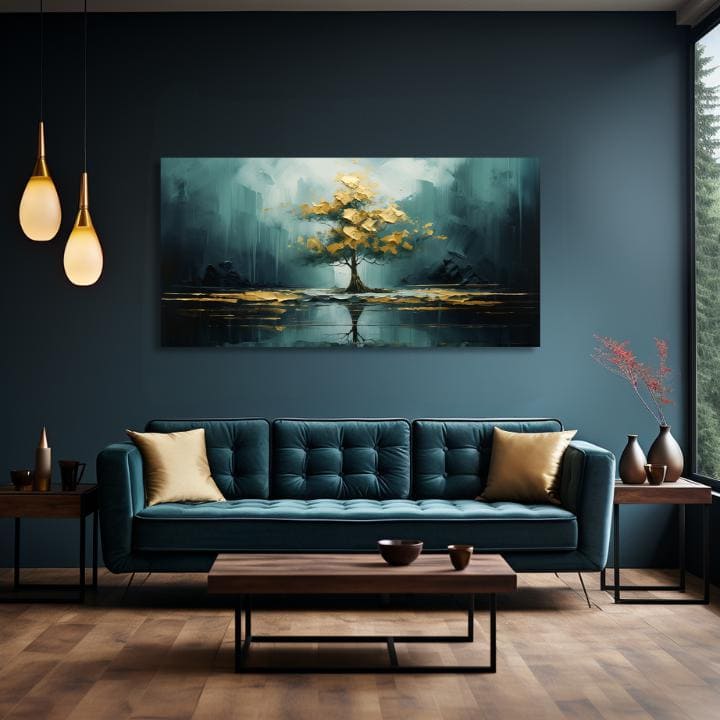 Art deko slika na platnu s motivom drvo, izmaglica, priroda u plavo-zelenih nijansama, mirna atmosfera, priroda i razmišljanje, pogodan za dnevnog boravka – proizvod, pogled 2