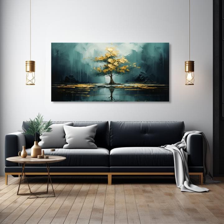 Art deko slika na platnu s motivom drvo, izmaglica, priroda u plavo-zelenih nijansama, mirna atmosfera, priroda i razmišljanje, pogodan za dnevnog boravka – proizvod