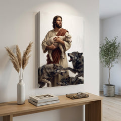 Slika Isus Hrist koji štiti jagnje od vukova u modernom enterijeru dnevne sobe iznad drvene konzole sa dekoracijama.