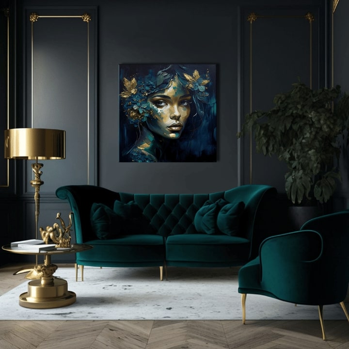 Art deko slika na platnu s motivom Feminine Grace in Motion, cveće, leptiri, zlatni akcenti, priroda u plavo-zelenih nijansama, pogodan za radne sobe – proizvod, pogled 2