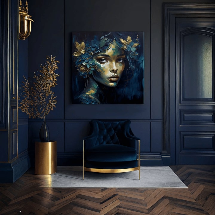 Art deko slika na platnu s motivom Feminine Grace in Motion, cveće, leptiri, zlatni akcenti, priroda u plavo-zelenih nijansama, pogodan za radne sobe – proizvod, pogled 3