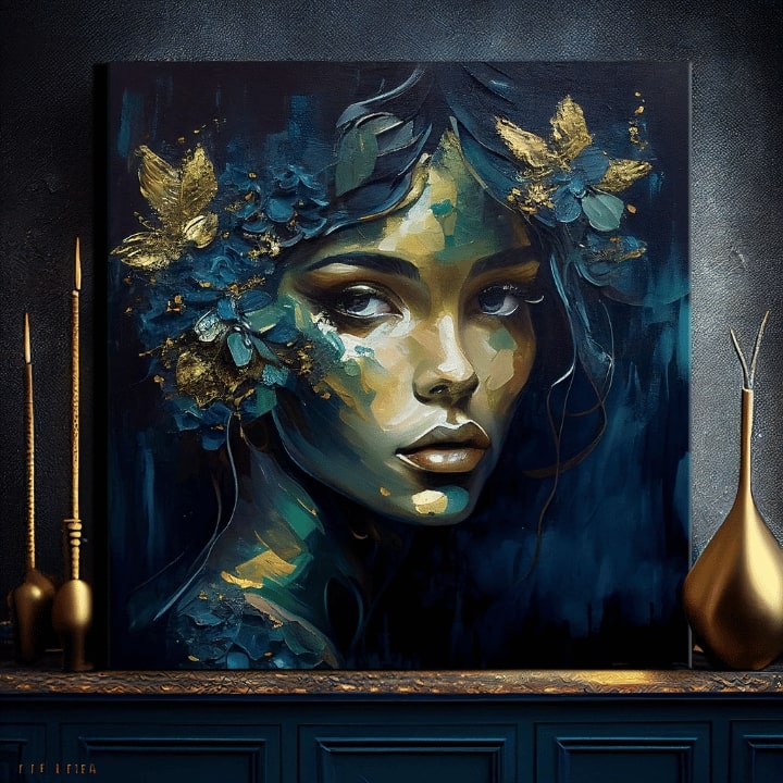 Art deko slika na platnu s motivom Feminine Grace in Motion, cveće, leptiri, zlatni akcenti, priroda u plavo-zelenih nijansama, pogodan za radne sobe – proizvod