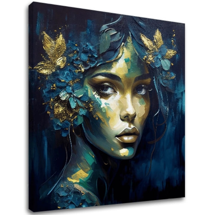 Art deko slika na platnu s motivom Feminine Grace in Motion, cveće, leptiri, zlatni akcenti, priroda u plavo-zelenih nijansama, pogodan za radne sobe – glavna