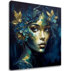 Art deko slika na platnu s motivom Feminine Grace in Motion, cveće, leptiri, zlatni akcenti, priroda u plavo-zelenih nijansama, pogodan za radne sobe – glavna