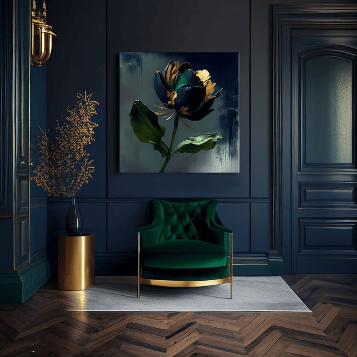 Industrijski slika na platnu s motivom Garden's Vibrant Heartbeat, cvet, tulipan, lišće, pejzaž u plavo-sivih nijansama, elegantna atmosfera – proizvod, pogled 3