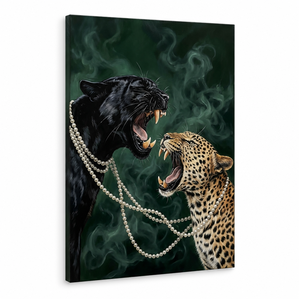 Moderna slika dve zveri, crni panter i leopard sa bisernom ogrlicom, 3D prikaz na platnu sa drvenim ramom, Papilora.