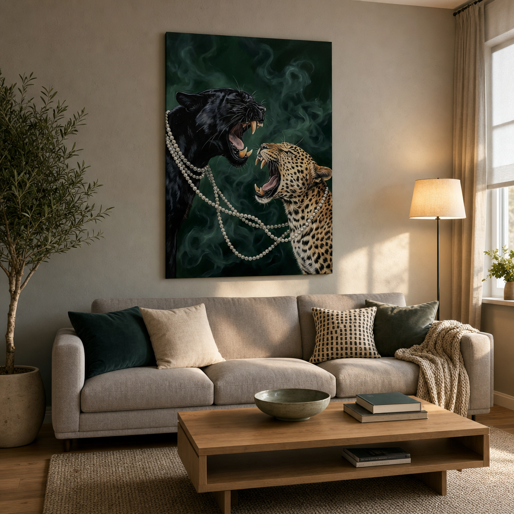 Slika pantera i leoparda postavljena iznad moderne drvene konzole sa dekoracijom u elegantnom enterijeru dnevne sobe.