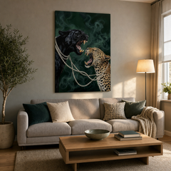 Slika pantera i leoparda postavljena iznad moderne drvene konzole sa dekoracijom u elegantnom enterijeru dnevne sobe.