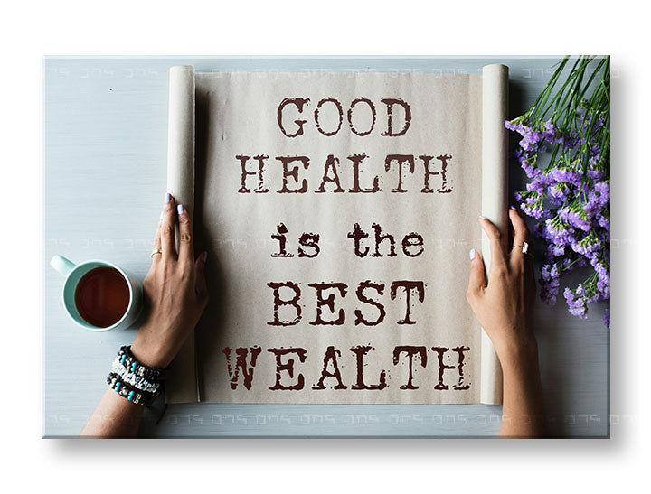 Moderan slika na platnu s motivom Good health, cveće, motivacioni citat, religiozni motiv, priroda u bež-smeđih nijansama, mirna atmosfera – glavna