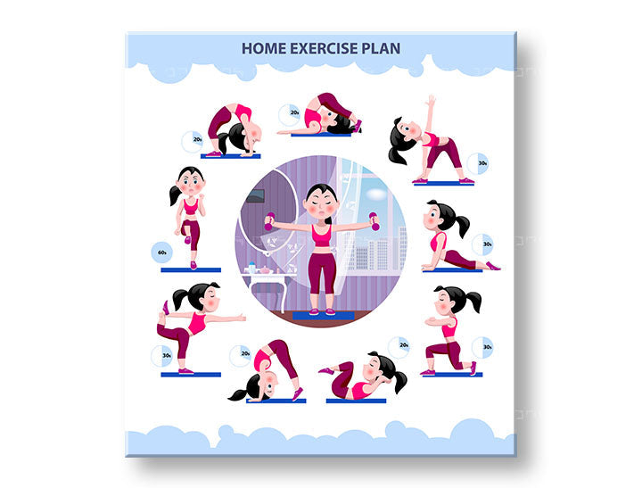 Moderan slika na platnu s motivom Home exercise plan, motivacioni citat, sportski motiv u belo-plavih nijansama, energična atmosfera, pogodan za radne sobe – glavna