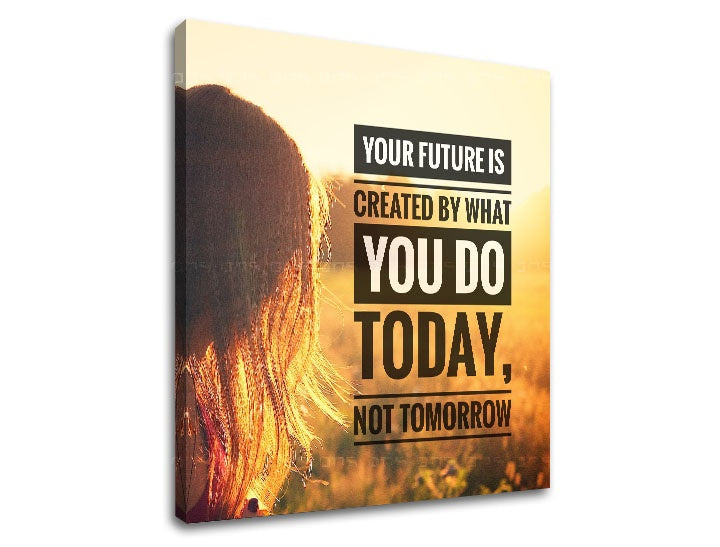Moderan slika s motivom Your future is created, zalazak sunca, polje u belo-zlatnih nijansama | Motivacioni slika za zid Your future is created – pregled