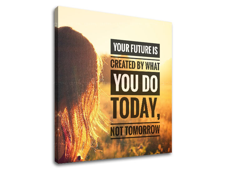 Moderan slika na platnu s motivom Your future is created, zalazak sunca, polje, kosa, pejzaž u belo-zlatnih nijansama, pogodan za kancelarije | Motivacioni slika za zid Your future is created