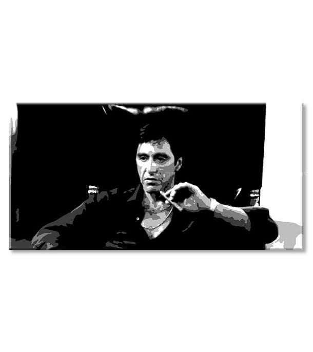 Pop art slika na platnu s motivom Nahnevaný Tony Montana s cigarou v ruke, automobil, priroda u belo-crnih nijansama, intenzivna atmosfera – proizvod, pogled 2