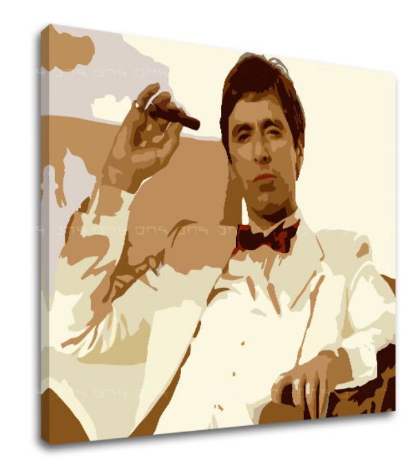 Pop art slika na platnu s motivom Tony Montana fajčiaci cigaru, priroda u smeđih nijansama, snaga i moć i kriminalna drama, pogodan za kancelarije – proizvod, pogled 2