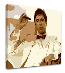 Pop art slika na platnu s motivom Tony Montana fajčiaci cigaru, priroda u smeđih nijansama, snaga i moć i kriminalna drama, pogodan za kancelarije – proizvod, pogled 2