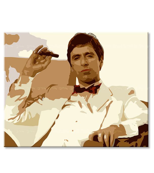 Pop art slika na platnu s motivom Tony Montana fajčiaci cigaru, priroda u smeđih nijansama, snaga i moć i kriminalna drama, pogodan za kancelarije – proizvod, pogled 3