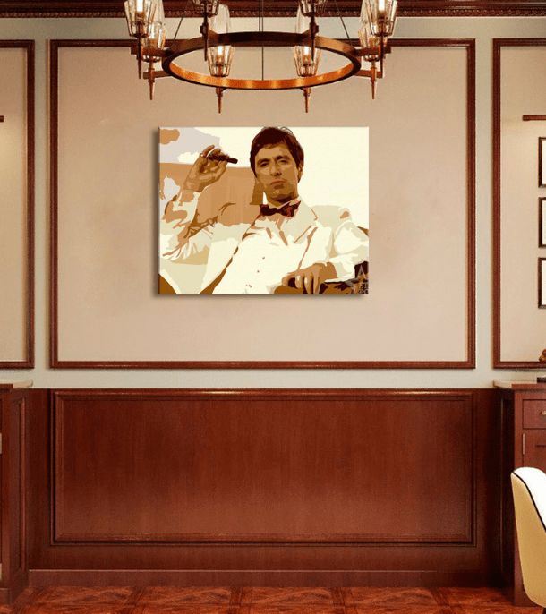 Pop art slika na platnu s motivom Tony Montana fajčiaci cigaru, priroda u smeđih nijansama, snaga i moć i kriminalna drama, pogodan za kancelarije – proizvod