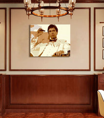 Pop art slika na platnu s motivom Tony Montana fajčiaci cigaru, priroda u smeđih nijansama, snaga i moć i kriminalna drama, pogodan za kancelarije – proizvod