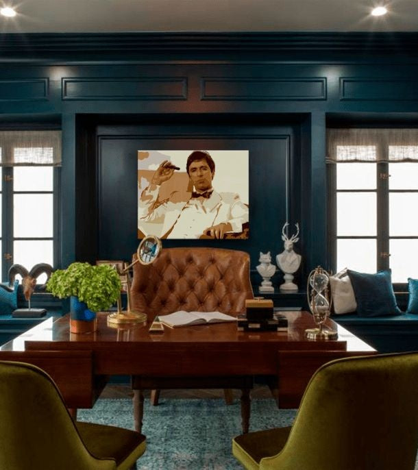 Pop art slika na platnu s motivom Tony Montana fajčiaci cigaru, priroda u smeđih nijansama, snaga i moć i kriminalna drama, pogodan za kancelarije – glavna
