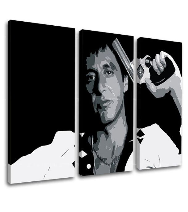 Pop art slika na platnu s motivom Tony Montana so zbraňou v ruke u belo-sivih nijansama, intenzivna atmosfera, filmski svet i snaga i moć | Najveći mafiáni na platnu Scarface - Tony Mon..., pogled 3