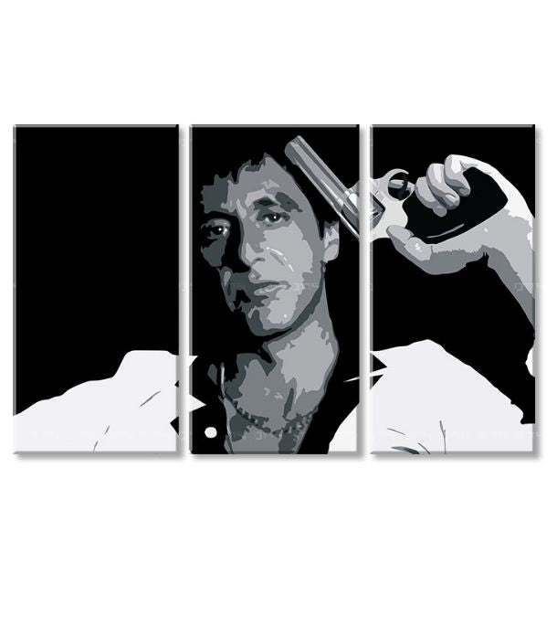 Pop art slika na platnu s motivom Tony Montana so zbraňou v ruke u belo-sivih nijansama, intenzivna atmosfera, filmski svet i snaga i moć | Najveći mafiáni na platnu Scarface - Tony Mon..., pogled 4