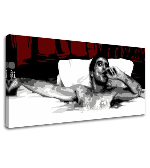 Pop art slika na platnu s motivom Tony Montana s cigarou v bazéne u belo-crvenih nijansama, samoća | Najveći mafiáni na platnu Scarface - Tony Montana s cigarou v bazéne – proizvod, pogled 2
