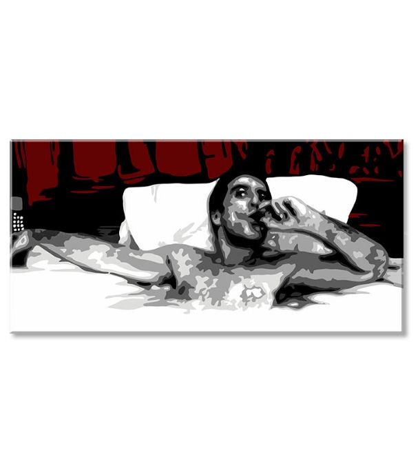 Pop art slika na platnu s motivom Tony Montana s cigarou v bazéne u belo-crvenih nijansama, samoća | Najveći mafiáni na platnu Scarface - Tony Montana s cigarou v bazéne – proizvod, pogled 3
