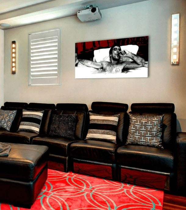 Pop art slika na platnu s motivom Tony Montana s cigarou v bazéne u belo-crvenih nijansama, samoća | Najveći mafiáni na platnu Scarface - Tony Montana s cigarou v bazéne – glavna