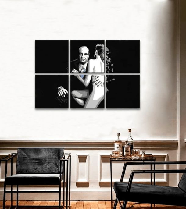 Pop art slika na platnu s motivom Sopranos - Tony Soprano s nahou ženou u belo-crnih nijansama, dramatična atmosfera, kriminalna drama i ljubav – proizvod