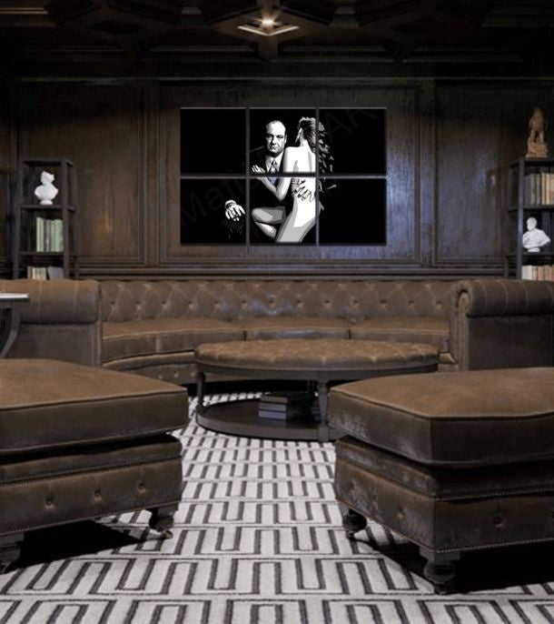 Pop art slika na platnu s motivom Sopranos - Tony Soprano s nahou ženou u belo-crnih nijansama, dramatična atmosfera, kriminalna drama i ljubav – glavna