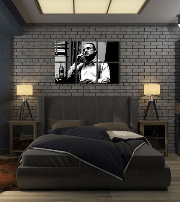 Pop art slika na platnu s motivom The Godfather - Vito Corleone s flašom škótskej, cigara, flaša u belo-crnih nijansama, melanholična atmosfera – proizvod