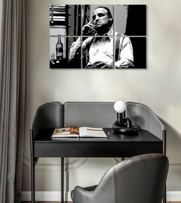 Pop art slika na platnu s motivom The Godfather - Vito Corleone s flašom škótskej, cigara, flaša u belo-crnih nijansama, melanholična atmosfera – glavna